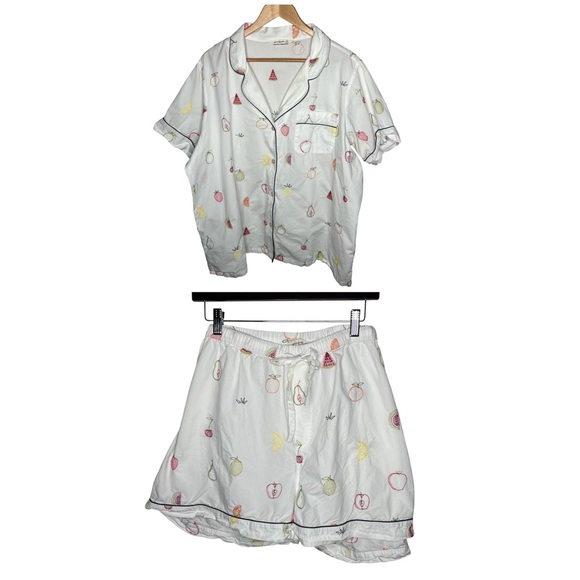 Printfresh Embroidered Fruit Short Sleeve Button Down & Shorts Pajama Set - Picture 2 of 16